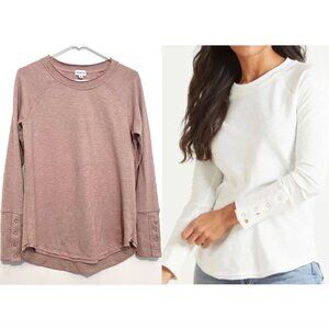 EVEREVE Symone Snap Cuff Top Rose Blush Pink Curved Raw Hem Long Sleeve Snaps S